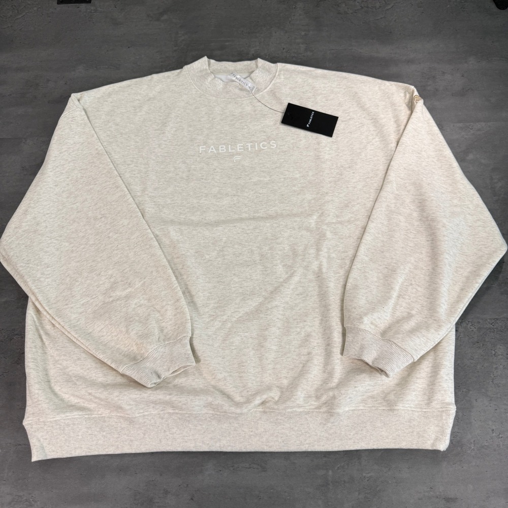 Fabletics Sweatshirt Mens Cream Oatmeal Heather Fleece NEW Pulover Sweater Baggy